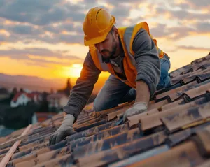A roof inspector wearing a yellow hard hat and safety vest working on a tile roof at sunset.
