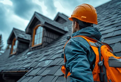 A roof inspector in an orange hard hat and backpack looking up at a steep shingled roof with dormer windows under a cloudy sky.