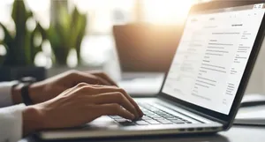 Hands typing on a laptop keyboard in a bright, sunlit office with plants in the background.